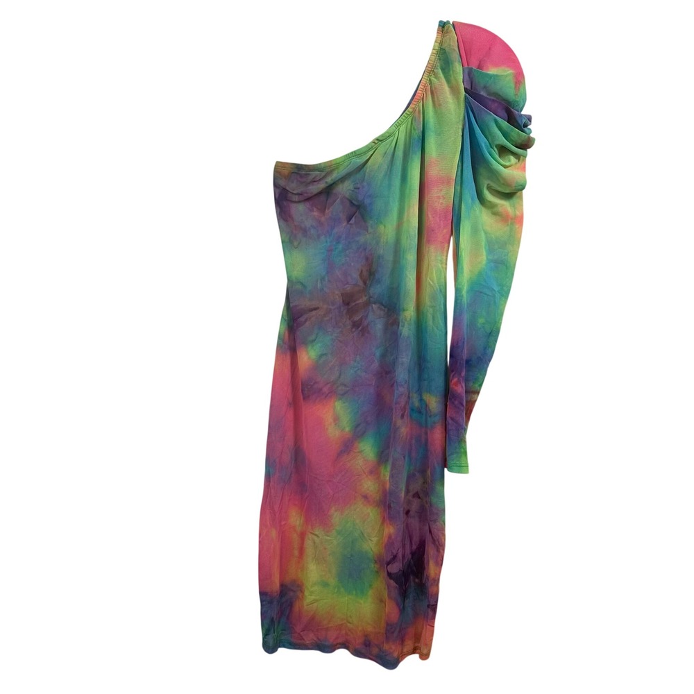The Curve Tie Dye One Shoulder Mesh Mini Dress Ruched Sleeve Multi Color Lined